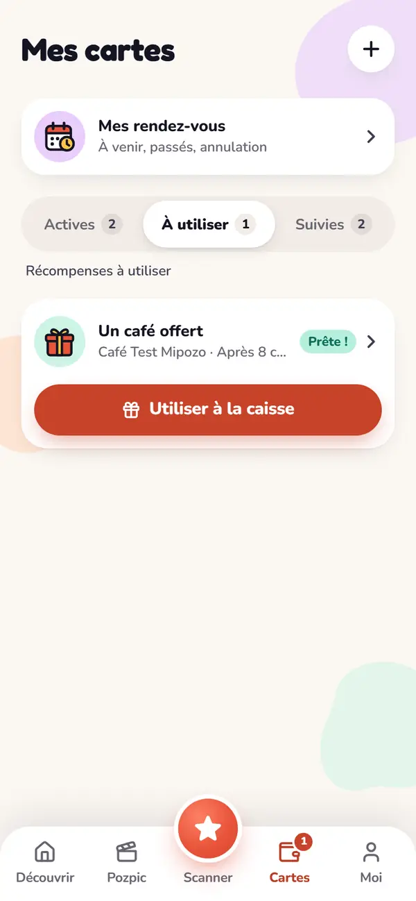 L'onglet « À utiliser » de Mes cartes : « Un café offert » chez Café Test Mipozo, marqué « Prête ! », avec le bouton « Utiliser à la caisse ».