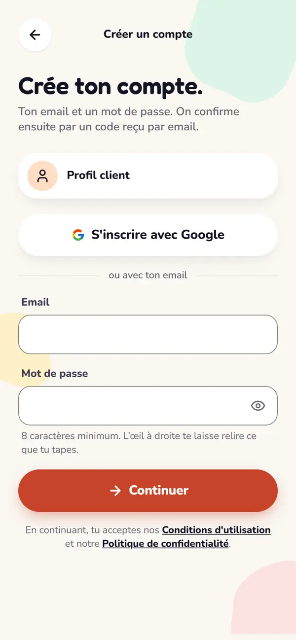 L'écran « Crée ton compte » de l'app Mipozo : « S'inscrire avec Google », ou avec ton email et un mot de passe.