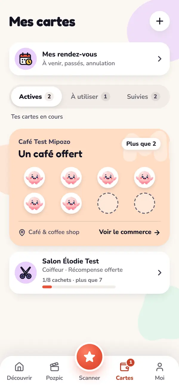 Mes cartes : la carte du Café Test Mipozo, 6 cachets sur 8 pour un café offert, et celle du Salon Élodie Test, 1 cachet sur 8.