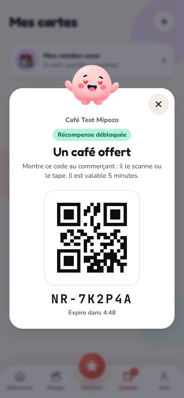 Récompense débloquée au Café Test Mipozo : un café offert, avec le QR et le code à montrer au commerçant, valable 5 minutes.