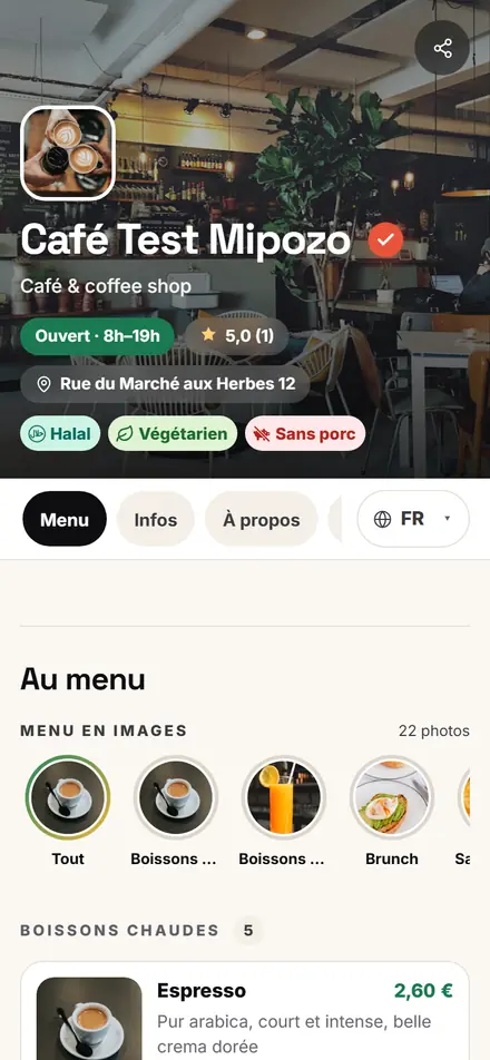 La vitrine Mipozo Plus sur un téléphone : couverture, pastille Mipozo Plus, onglets et menu en images.
